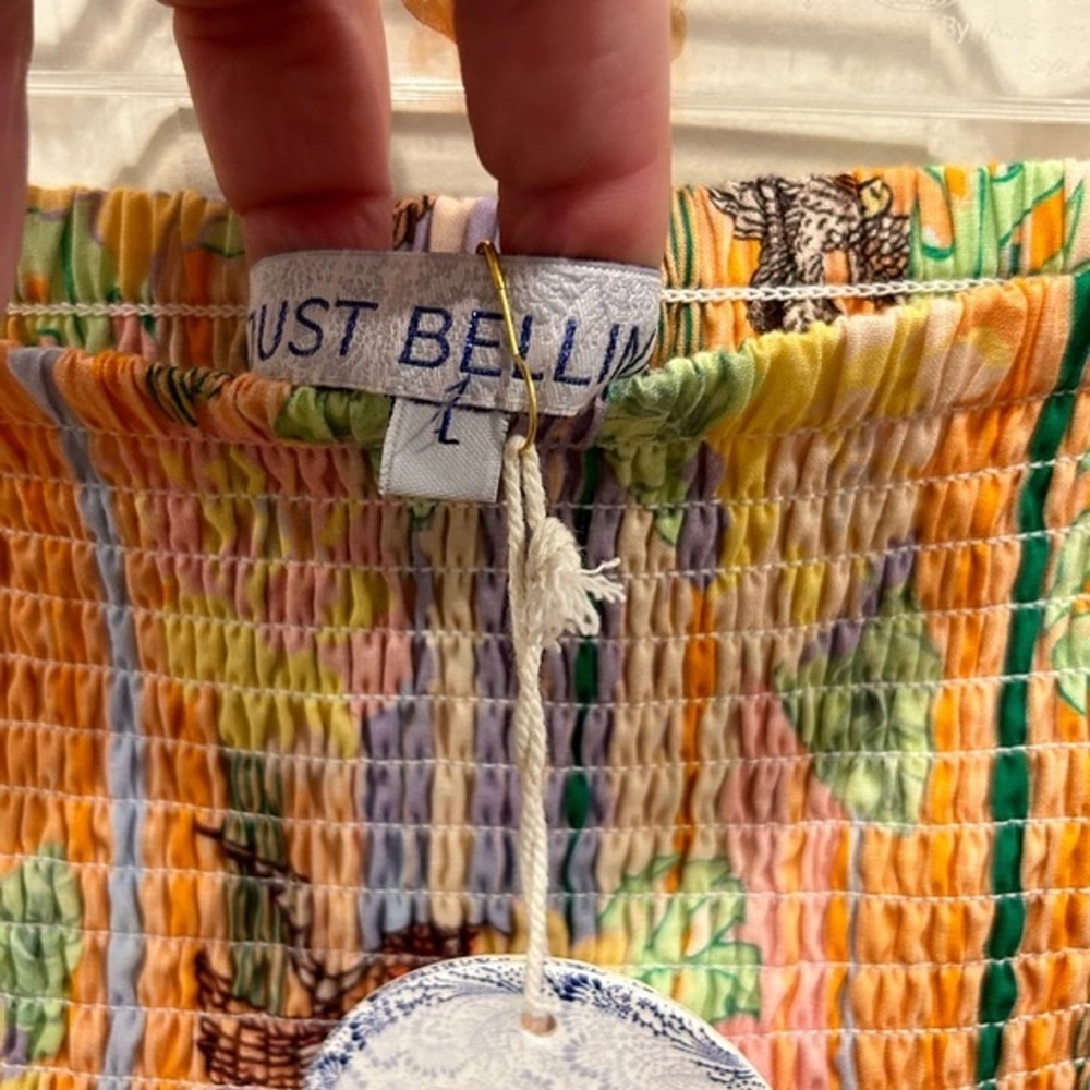 Just Bellina Women Orange Tropical Bird Floral Smocked Tiered Mini Skirt L NEW - Picture 4 of 5